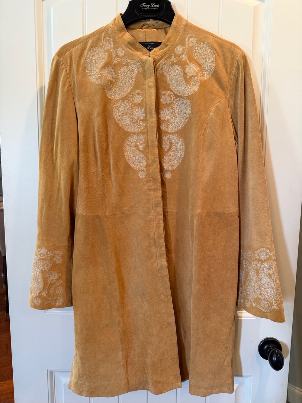 Tan Genuine Leather Embroidered Long Tan Coat - Large